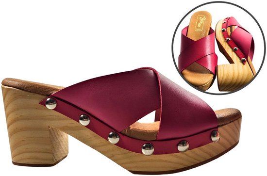 Stravers - Sandales semelle bois et bride croisée cuir - Rose - Pointure 42 - Sabots femme grande pointure