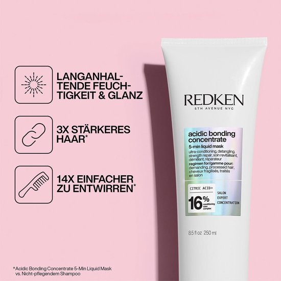 Masque liquide 5 min Redken Acidic Bonding Concentrate. 'Hydratation et brillance longue durée', 'Cheveux 3x plus forts', 'Démêlage 14x plus facile'.