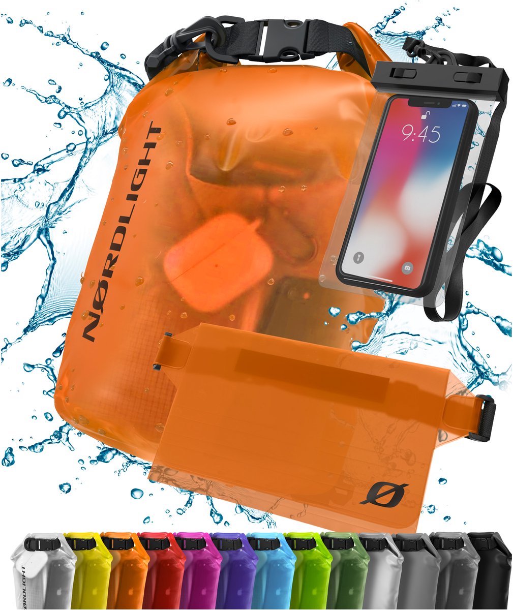 NORDLIGHT Waterdichte Dry Bag met telefoonzak en heuptas - (10L, Oranje) Waterdichte droge zak met rolsluiting | Zwemmen, varen, strand, staand peddelen