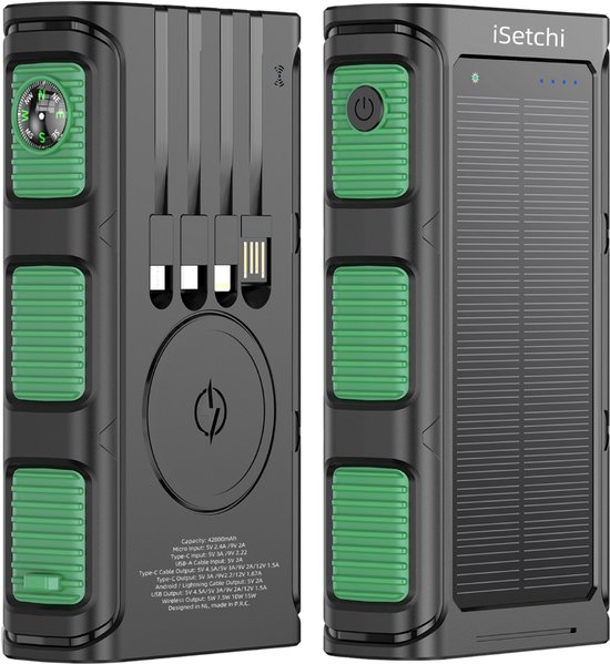 iSetchi Solar Powerbank 42800 mAh - Externe Batterij - Noodpakket - Zonneenergie - Snellader - Met Kompas en USB-C Kabel - Fast Charge 22.5W - Met Handige Zaklamp - Groen/Zwart
