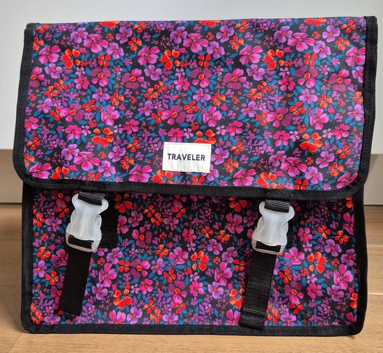 Traveler Dubbele zwarte fietstas bloemen roze paars rood