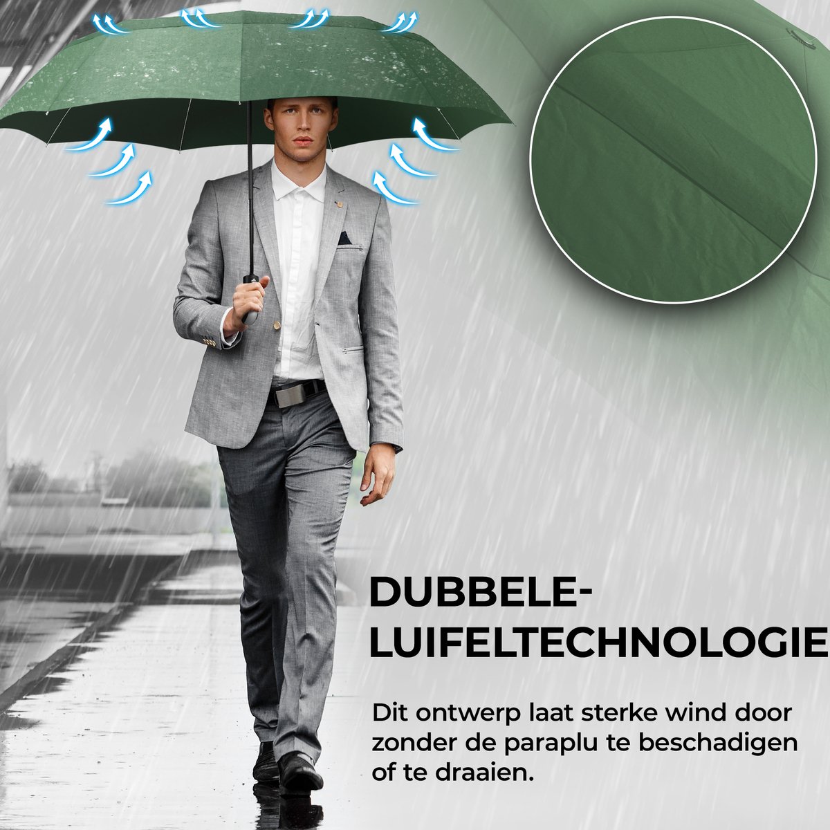 Wilford & Sons Stormparaplu Opvouwbaar Zak Paraplu Stormproof + Knop Automatisch & Beschermhoes | Heren Dames - Compact Stevig, Teflon Wind & Waterdicht Handvat Polsstrap| Reisparaplu Zakparaplu Golf, Groen - Dubble Dak — cadeau in Cadeau-ideeën - foto 4