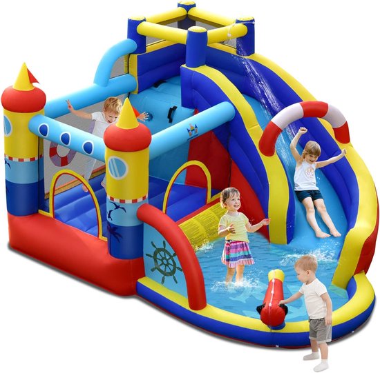 Foto: Learnlogic jaarrond plezier springkussen met blower multifunctioneel waterpark trampolinepark voor kinderen waterglijbaan werpwand basketbalring klimwand inclusief 450w blower opblaasbare grootte 410315203cm