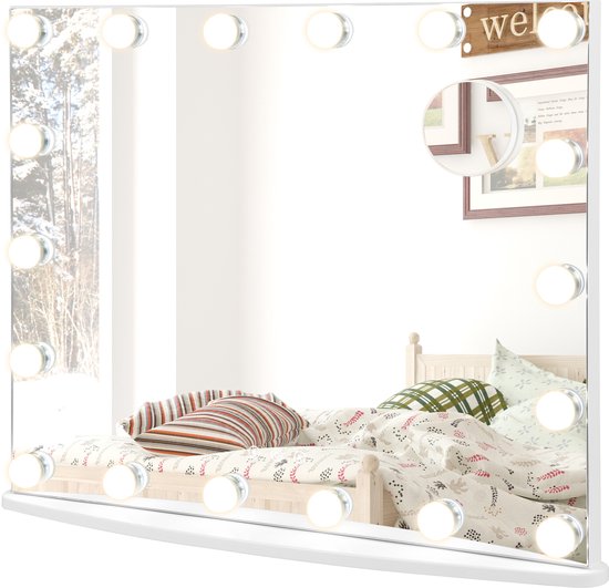Foto: Costway hollywood make up spiegel met verlichting kapspiegel met 18 dimbare led lampen 3 lichte kleuren en 4 helderheid make up spiegel met extra vergrotende spiegel tafelblad wandgemonteerd