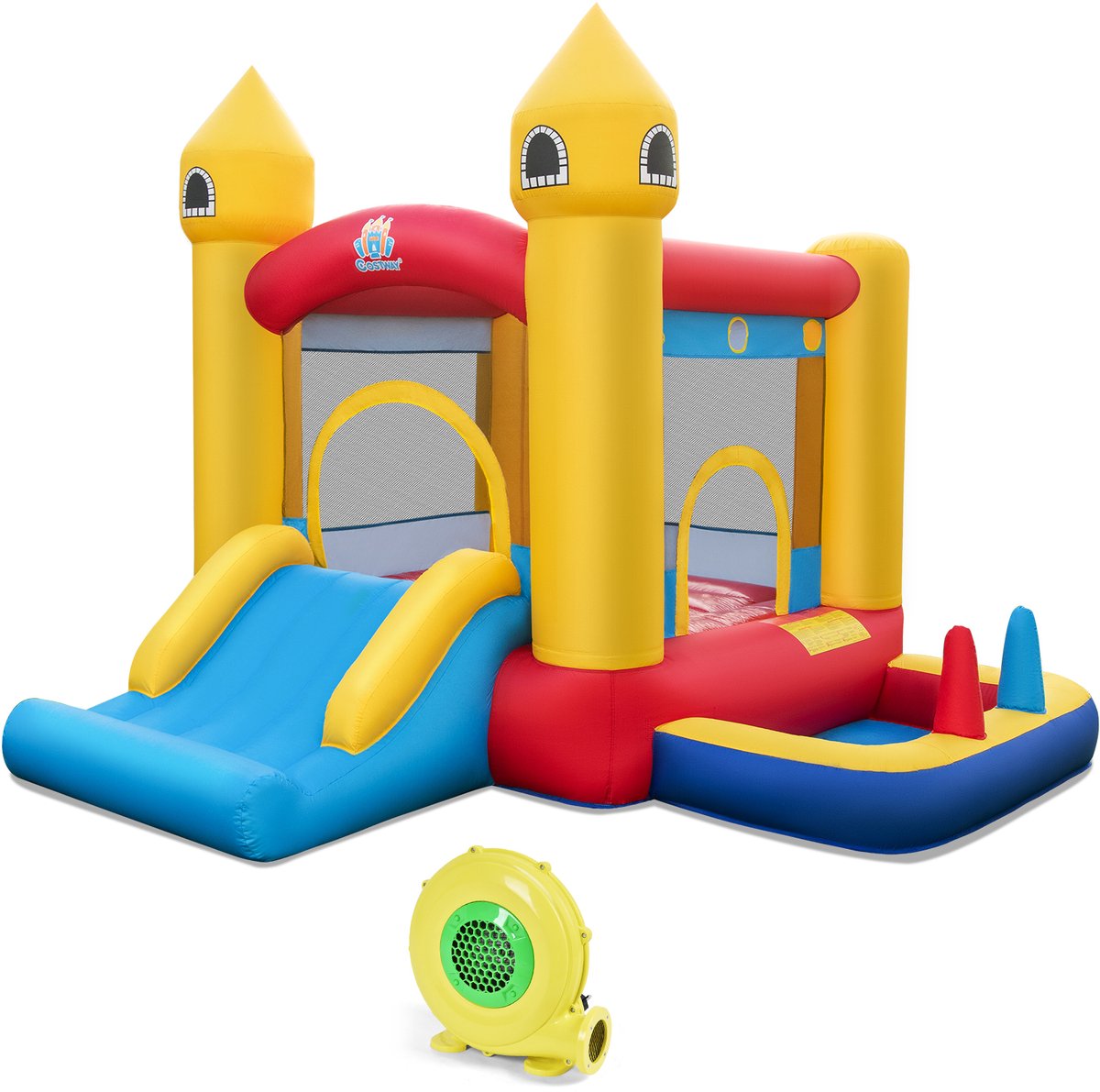 COSTWAY Springkasteel met blazer, glijbaan, springgebied, basketbalmand, ballenbad, ringworpen, balwerpen en oceaanballen, kinderspringslot voor binnen en buiten, 306 x 288 x 239 cm