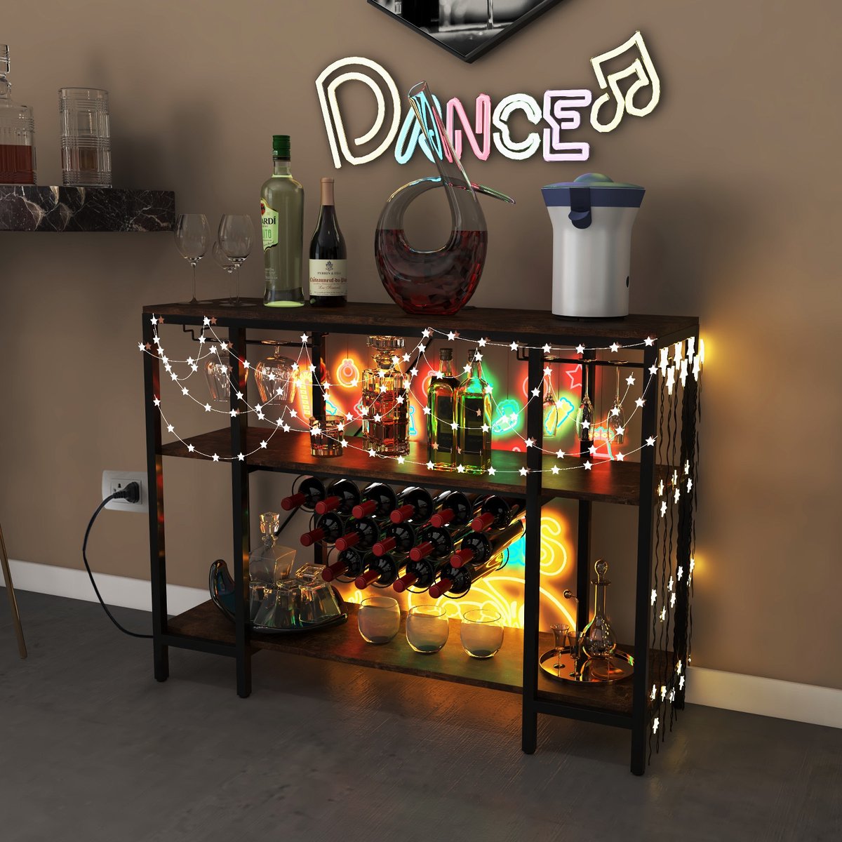 COSTWAY Wijnrek met glazen houder en planken, 3 niveaus, flessenrek met stopcontacten, voor 15 wijnflessen, industri毛le en vrijstaande wijnkast voor thuis, keuken, bar, 113 x 35 x 85 cm — cadeau in Cadeau-ideeën - foto 6