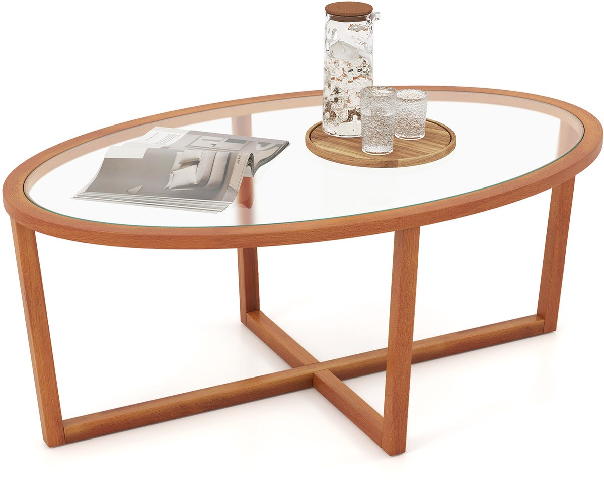 Costway Salontafel van glas, bijzettafel, ovaal, transparant, woonkamertafel met kruisvoet en poten van acaciahout, moderne glazen tafel, koffietafel voor woonkamer, 118 x 71,5 x 47,5 cm Bruin