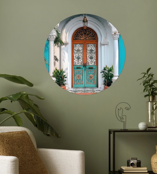 WallCircle® - Papier peint cercle 50x50 cm - Stickers muraux Colonnes - Orné - Porte - Blauw - Cercle mural salon - Cercle mural chambre - Décoration de chambre autocollante - Accessoires de Décoration murale