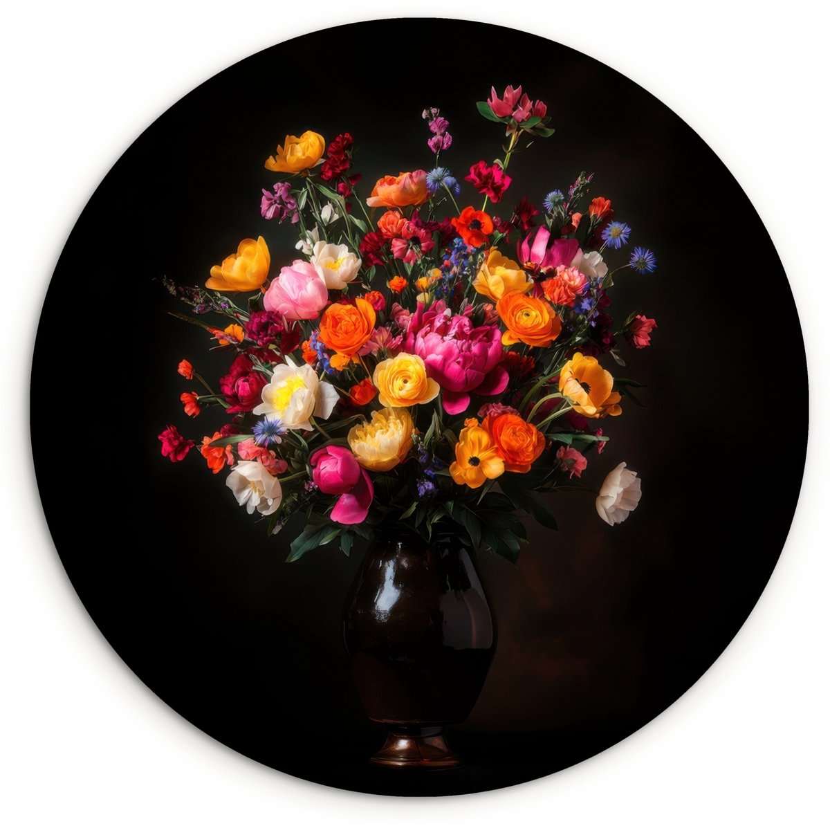 WallCircle Wandcirkel 30x30 cm - Muurcirkel Kleurrijk - Boeket - Vaas - Donkerbruin - Muurdecoratie woonkamer - Wanddecoratie slaapkamer - Kamer decoratie accessoires - Ronde schilderijen Boeket - Bloemen 5