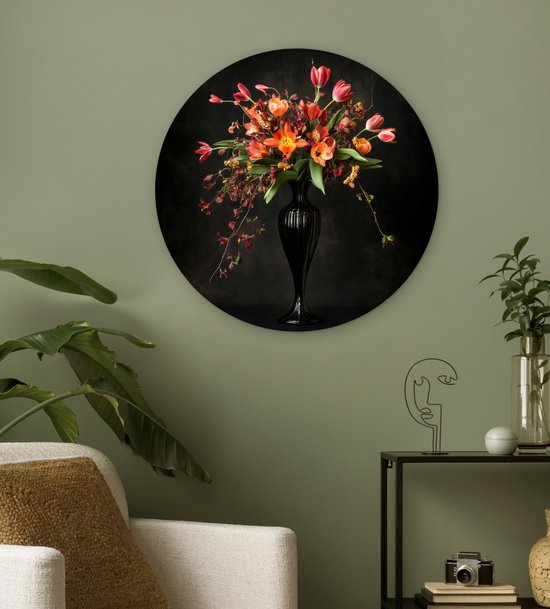 WallCircle® Wandcirkel 60x60 cm - Muurcirkel Sierlijk - Boeket - Vaas - Muurdecoratie woonkamer - Wanddecoratie slaapkamer - Kamer decoratie accessoires - Ronde schilderijen