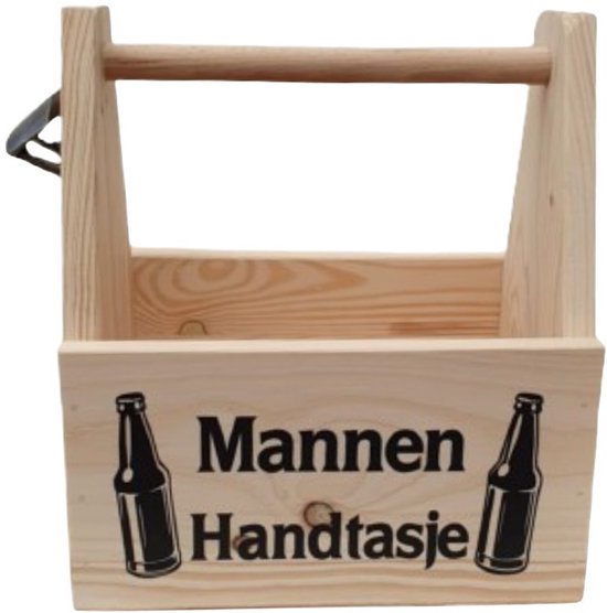 Houten bierkrat met handvat en de tekst "Mannen Handtasje" met twee bierflessen afbeeldingen.