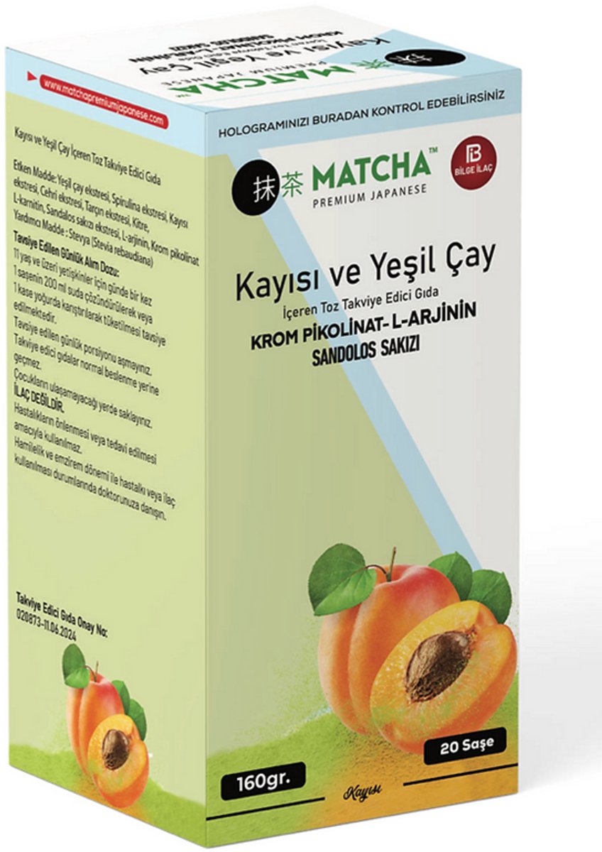 Premium Matcha Thee Abrikozensmaak – 20 Sachets – Groene Thee Poedermix – Met Plantaardige Extracten – Voor Dagelijks Gebruik