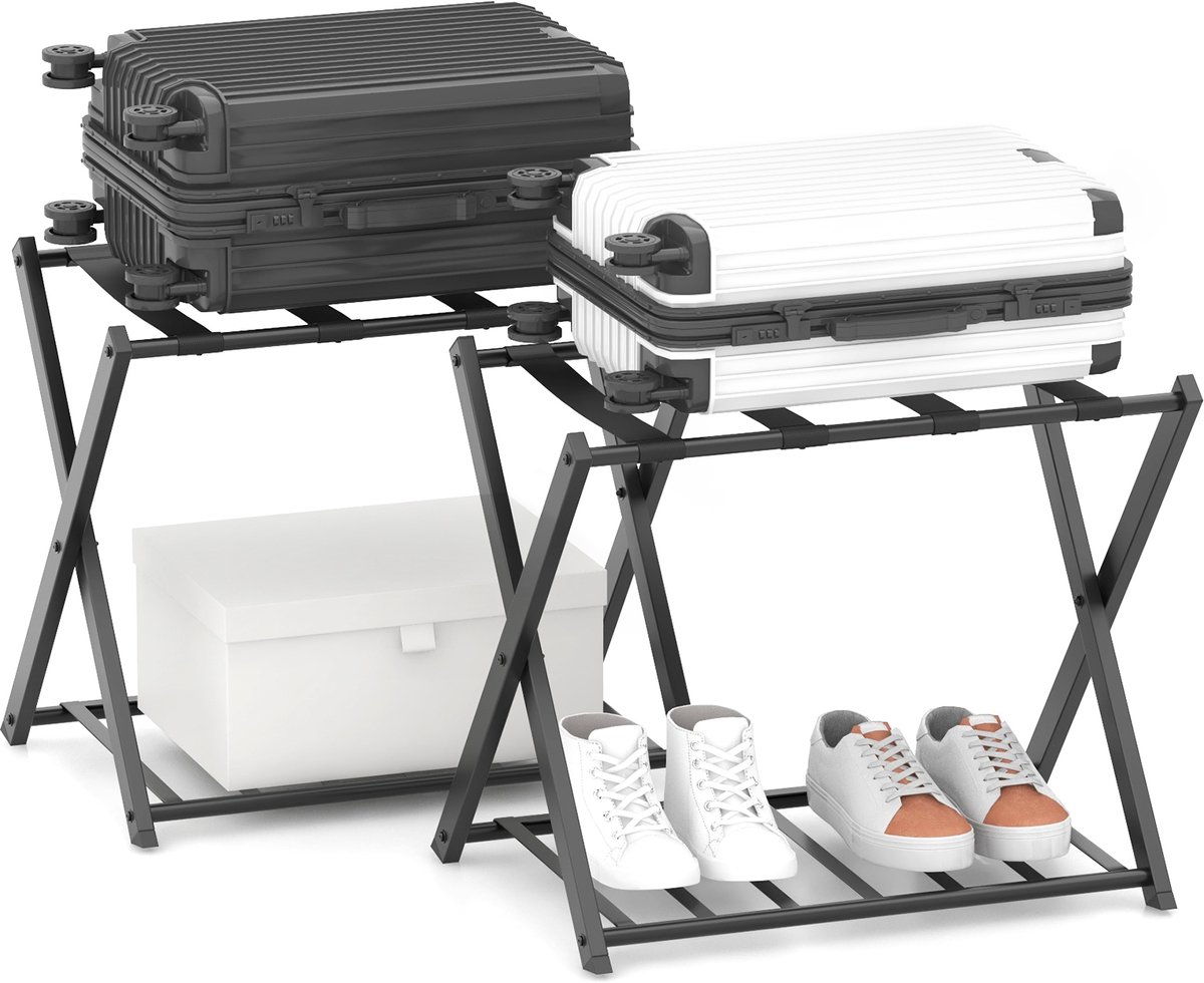 COSTWAY Thuis bagagerek standaard set van 2, dubbel laagse bagagehouder met schoenplank, opvouwbare bagagerek houder, compacte opvouwbare bagagerek houder, metalen koffer-bagagerek standaard voor slaapkamer, gastenkamer, hotel