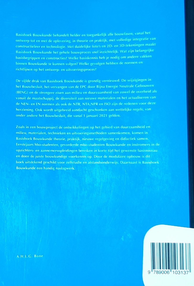 Boekomslag van 'Basisboek Bouwkunde' met een foto van een constructie.