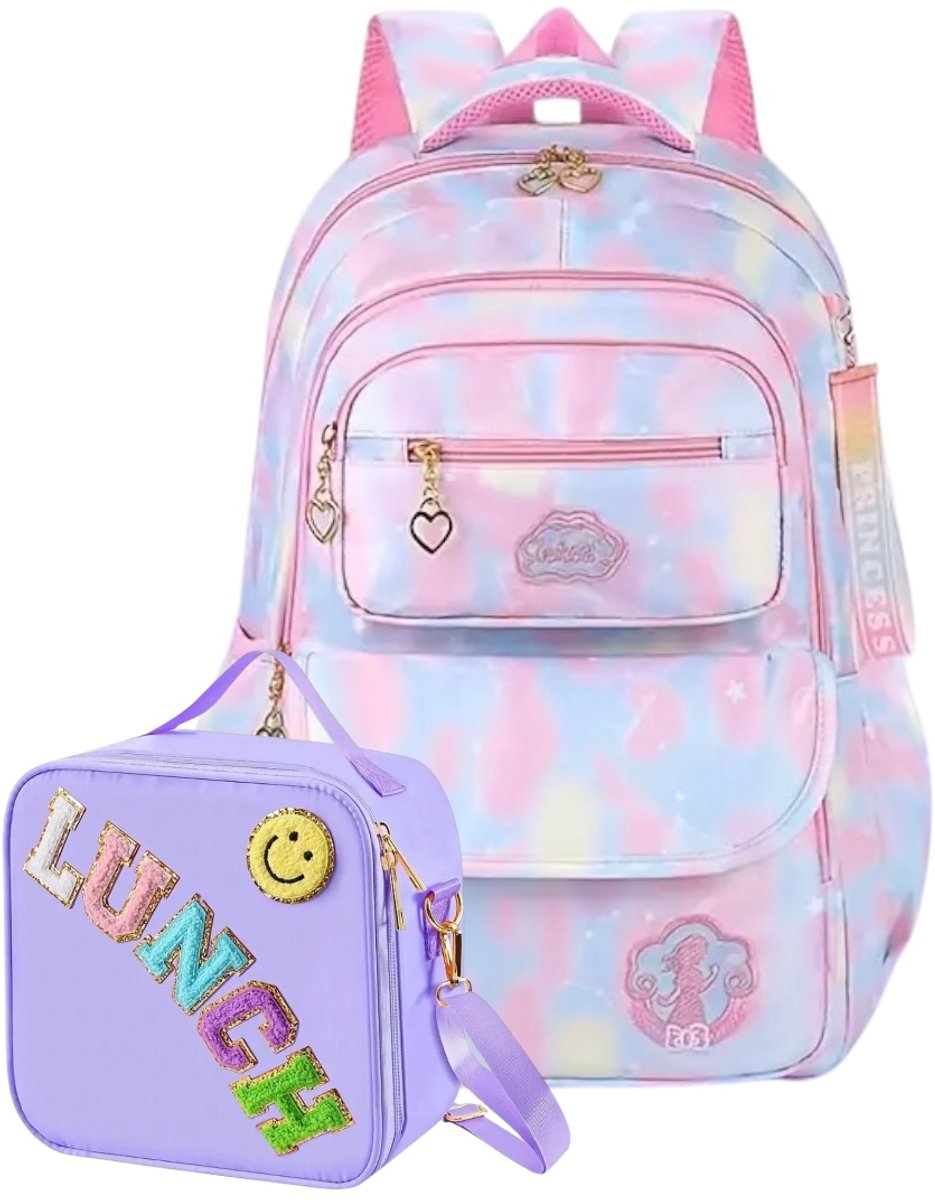 Ultiluxe® Rugzak met lunchtas - Blauw/paars - 2 stuks - Schooltas voor kinderen - 40 x 26 x 18 cm - Princess sleutelhanger - 2-delige tassen set voor meiden - Rugtas met hartjes ritssluitingen - Meisjes crossbody tas - Kleine schoudertas met smiley