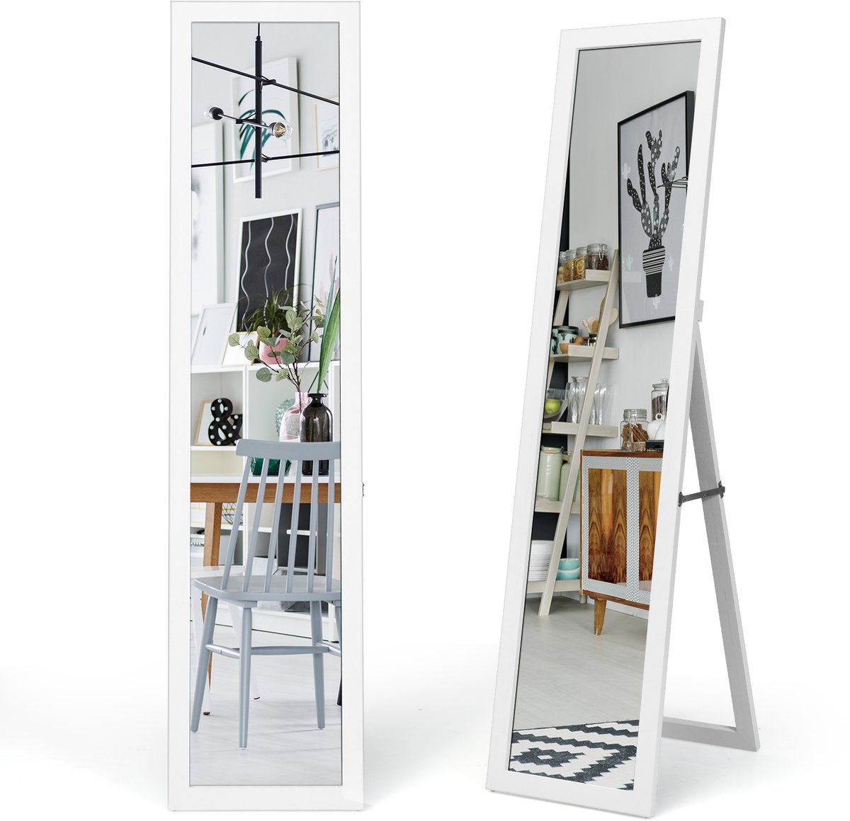 Costway Staande spiegel, 155 x 37 cm grote spiegel met houten frame, houten spiegel vrijstaand, moderne wandgemonteerde vloerspiegel voor slaapkamer, woonkamer en ingang Wit
