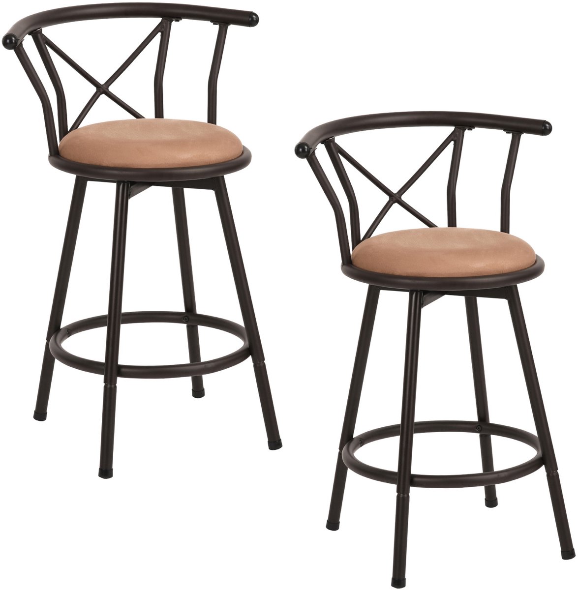 MEUBLES COSY Barkruk- Set van 2- 360° Draaibare Barkrukken- Vintage Bruin- met Rugleuning- met Voetsteun-Industrial-Hoogte 86cm- Barstoel met stabiel stalen frame