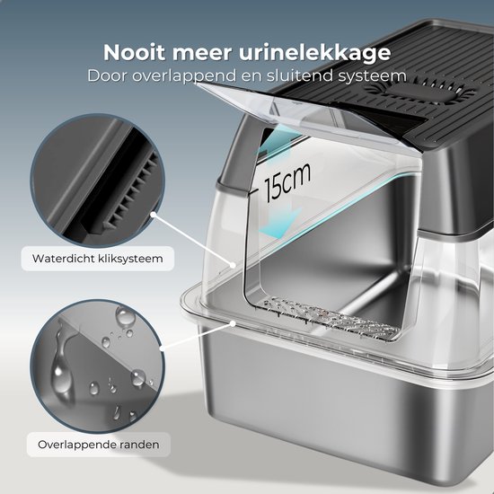 Kattenbak van roestvrij staal met deksel, XXL, gesloten met kattenbak, schep, kattenbak, instap boven met kattenschep en kattenbakmat (grijs 1