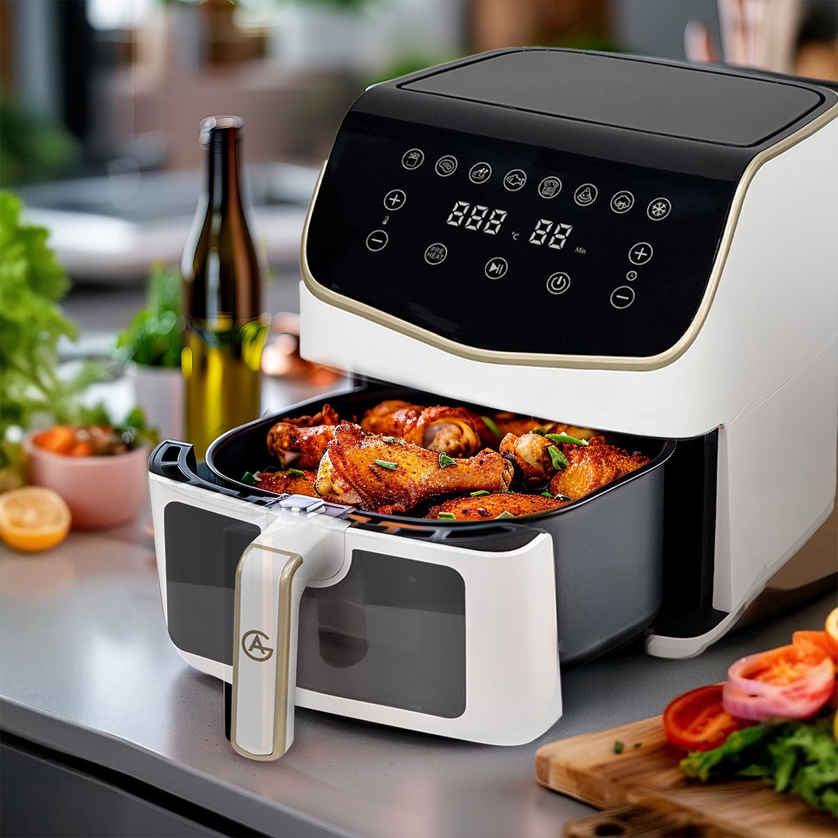 AG Airfryer XXL Premium - Wit- Luchtfriteuse - Anti-aanbak - Tot 8 personen- Vaatwasserbestendig - Met Receptenboek - Extreem Stil- Snelkooktechnologie - Digitaal Display - Tot 200°C - 8 Voorgeprogrammeerde standen. 7.5L — afbeelding 4
