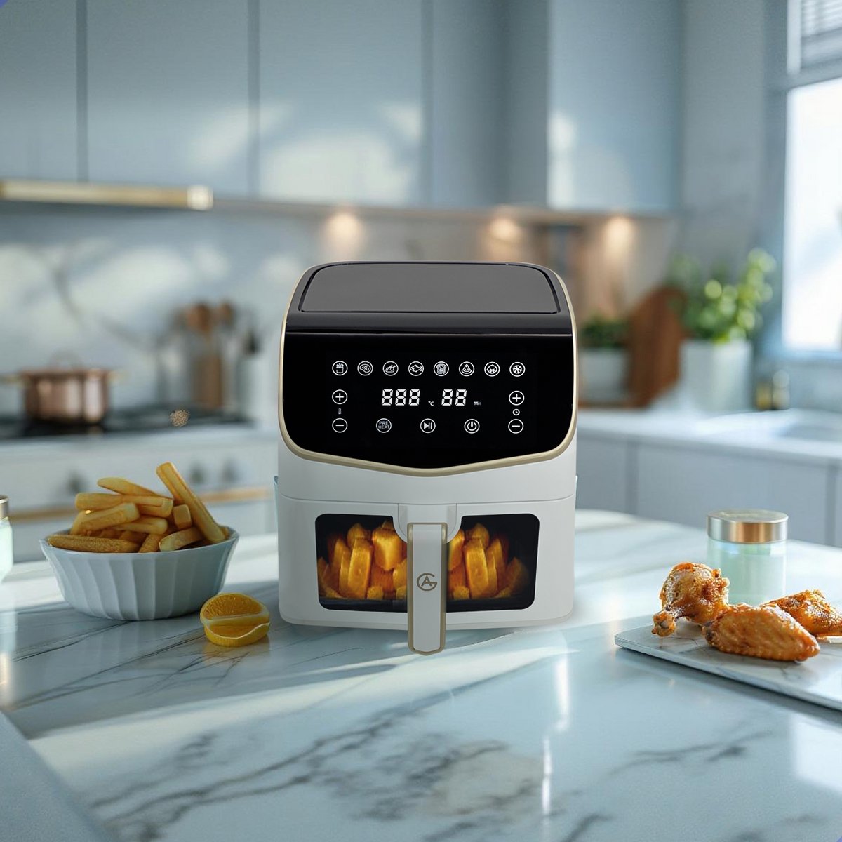 Afbeelding 2 van AG Airfryer XXL Premium - Wit- Luchtfriteuse - Anti-aanbak - Tot 8 personen- Vaatwasserbestendig - Met Receptenboek - Extreem Stil- Snelkooktechnologie - Digitaal Display - Tot 200°C - 8 Voorgeprogrammeerde standen. 7.5L