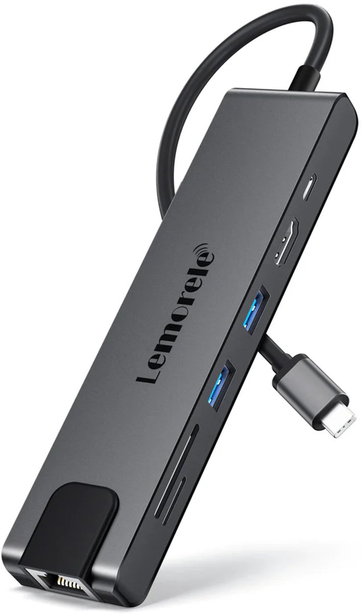 Lemorele TC25L 7-in-1 USB C Hub - 4K HDMI - 100W PD - Gigabit Ethernet - 2x USB 3.0 - SD/TF - Compatibel met MacBook/Windows