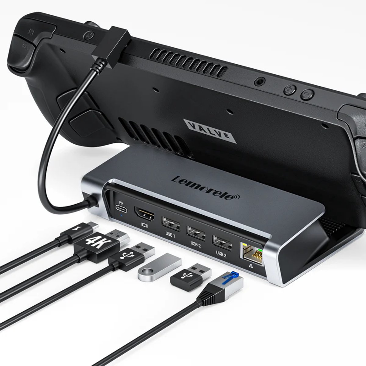 Lemorele X23L Docking Station voor Steam Deck – 6-in-1 USB-C Hub – 4K@30Hz HDMI – 100W PD – Gigabit Ethernet – USB 2.0 – Dock & Stand in één – iPad & Android Compatibel