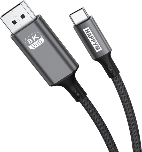 Grijze kabel met DisplayPort-stekker met '8K UHD'-logo en USB-C-stekker met 'HAPPYM'-logo.