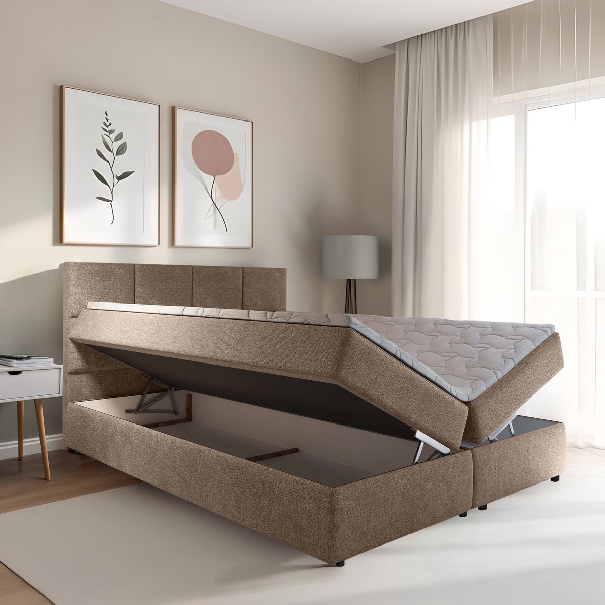 Boxspring met opbergruimte Sam - 160x200 cm - Taupe - Inclusief Topper - Bed met Opbergruimte - Opberg boxspring - Bonellvering tot 100 kg - Beddenbriljant thumbnail 2