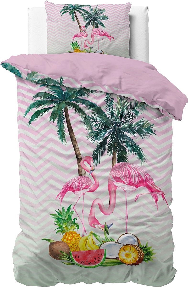 1-persoons dekbedovertrek (dekbed hoes) roze – wit met flamingo’s (vogels) onder palmbomen met tropisch fruit (ananas, meloen, kokosnoot, bananen) eenpersoons 140 x 220 cm (meiden beddengoed / slaapkamer tieners)