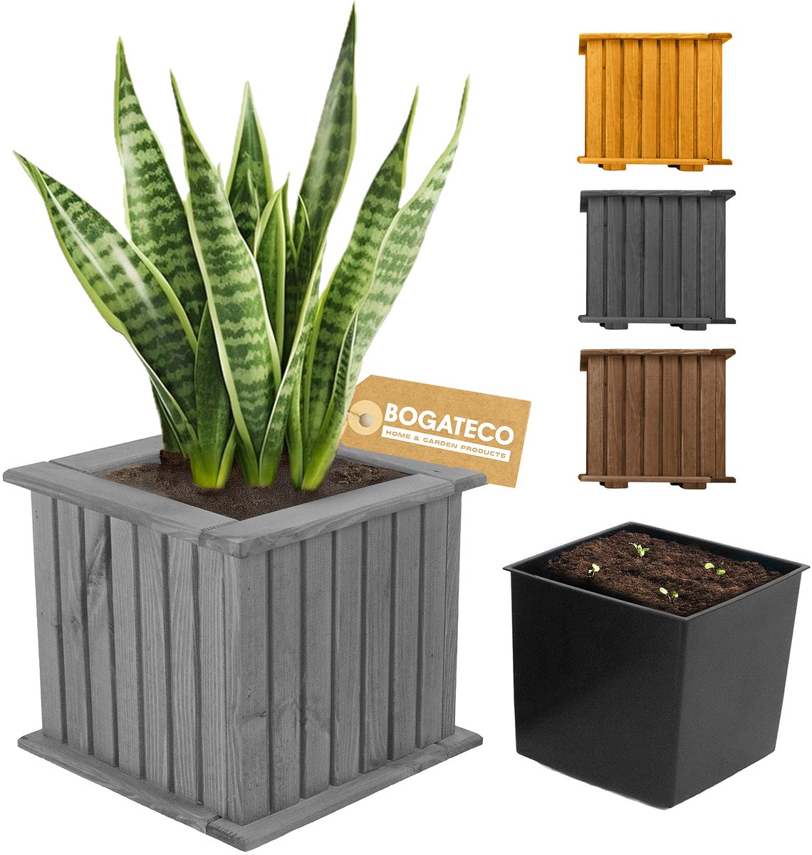 BOGATECO houten bloembak | Plantenbak | Bloempot 25 x 25 x 25 cm | Kruidenpot voor huis tuin balkon terras | Pot met kunststof inzetstuk | Waterdicht | Grijs