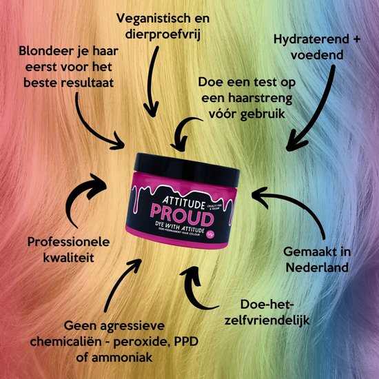 De pot Attitude Proud haarverf met tekst over veganistisch, dierproefvrij, hydraterend, professionele kwaliteit en gemaakt in Nederland.