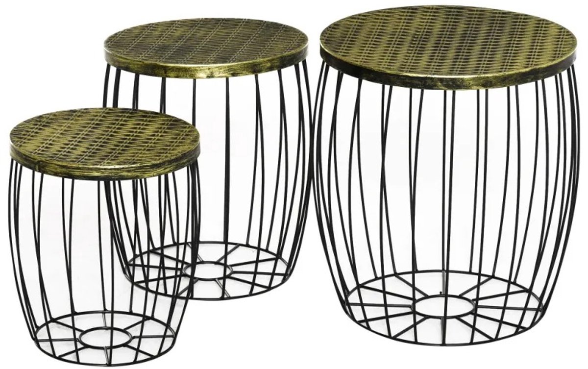 Mila Shop Driedelige set salontafels - Bijzettafels Retro - Metalen mand - Draadmand - Goud/Zwart - 3 maten