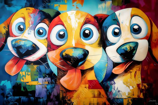JJ-Art (Toile) 120x80 | Chiens drôles et fous, humour, coloré, abstrait, art, bleu, jaune, marron, rouge, moderne | Impression sur toile Photo-Painting (décoration murale)