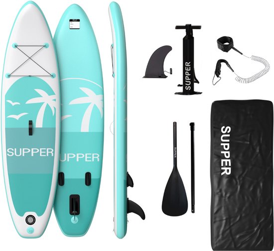 Supper Sup Board XL - Max. 220KG - Opblaasbaar – Paddle Board – Waterdicht Telefoonhoesje – Pomp – Vin – Leash – Draagtas – 335 x 81 cm - Turqoise
