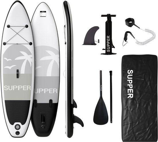 Supper Sup Board - Max. 120KG - Opblaasbaar – Paddle Board – Pomp – Vin – Leash – Draagtas – 285 x 76 cm - Zwart