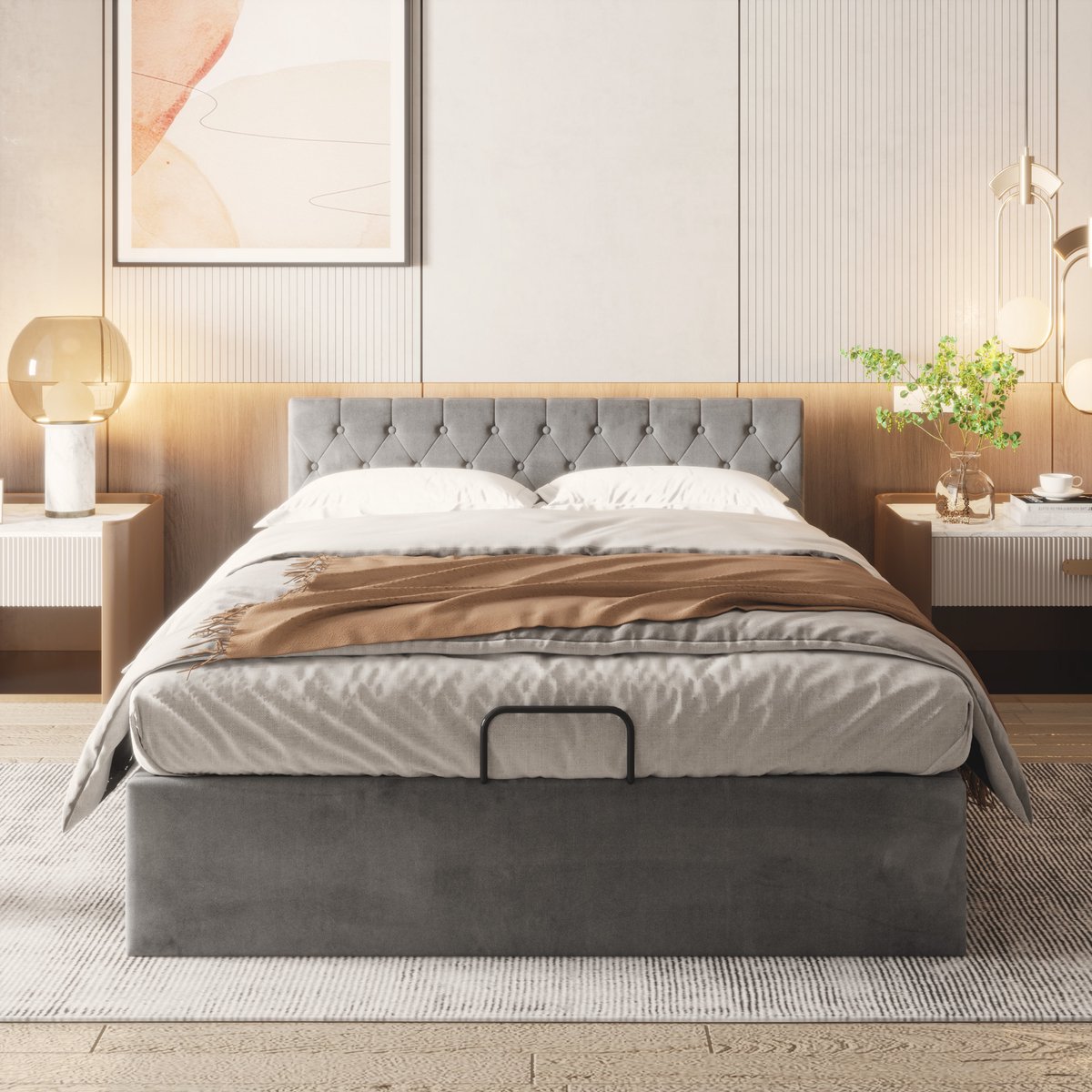 Merax Grijs Gestoffeerd Bed 140 x 200 cm - Opbergbed met Opbergruimte - Tweepersoonsbed - Zonder matras