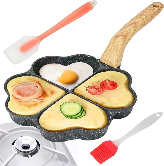 Poêle à œufs miroir 4 trous en forme de cœur avec manche en bois et revêtement antiadhésif - Spatule en Siliconen incluse - Convient aux plaques à induction et aux cuisinières à gaz