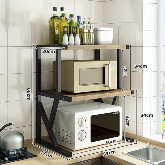 Uitbreidbaar rek met 2 niveaus voor microgolfoven, met 3 ophanghaken, magnetronhouder, organizer voor het opbergen van de keuken (40/64 x 36,5 x 78 cm, wit
