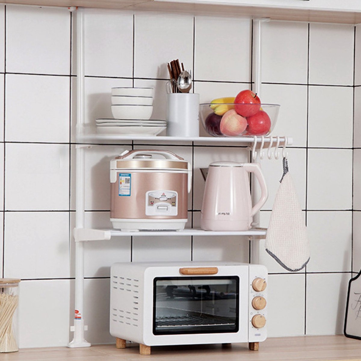 CHIWIN Magnetron Rek Uitschuifbaar - Keukenkast voor Magnetron - Magnetron Opbergrek - Magnetronkast - Keuken Organizer - met 5 S-vormige Haken - Geen Boren - voor Magnetrons, Koffiezetapparaten, Airfryers, Oven - Wit