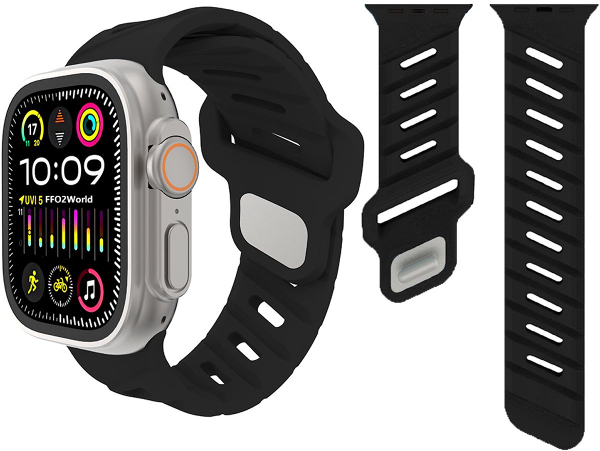 Stravo Stijlvol Siliconen Bandje - Geschikt voor Apple Watch 46mm (Series 10/11), 45mm (Series 7/8/9), 44mm (Series 4/5/6, SE 1/2/3), 42mm (Series 1/2/3), 49mm (Ultra 1/2/3) - Siliconen Horlogebandje met Schuine Sleuven - Zwart