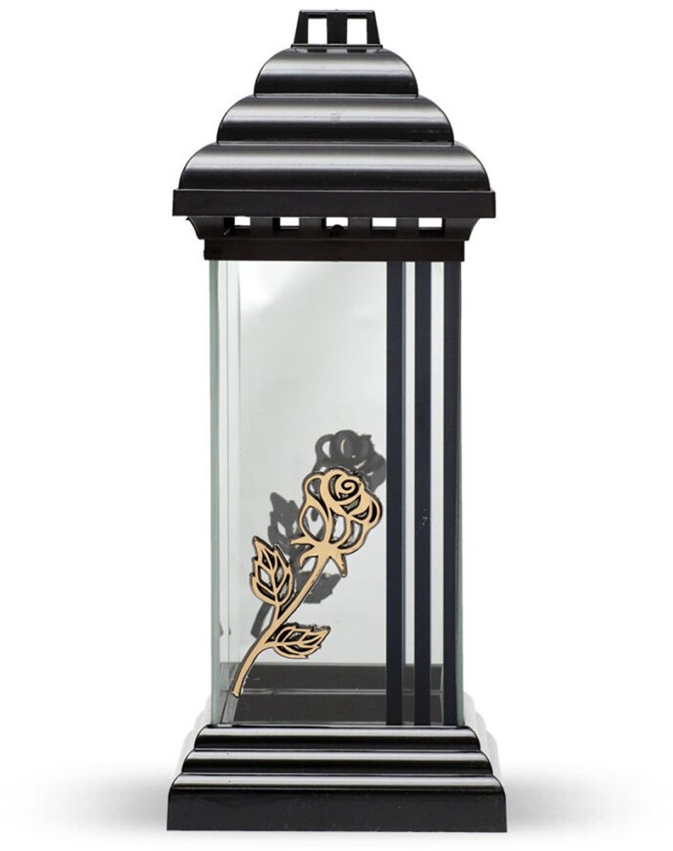 Lubema Herdenkingslicht - L-9o - Lantaren - Roos - Zwart - Goud - Spiegel - Windlicht - Graflicht - Graflantaarn - Grafdecoratie Zwart/Goud