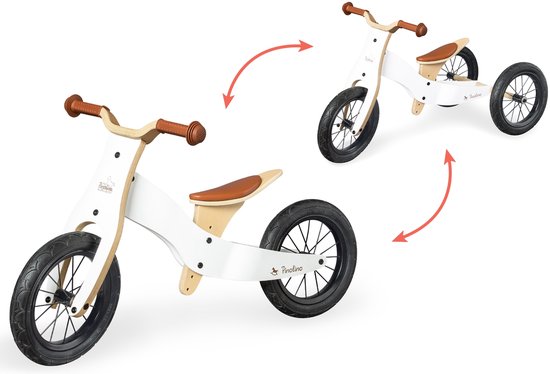 Een witte loopfiets met bruine accenten en drie zwarte wielen, getoond in balansfiets- en driewielerstand.