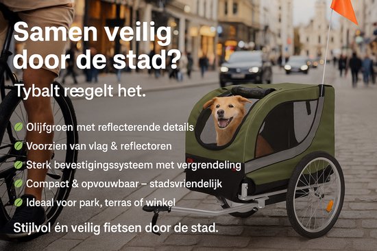 Olijfgroene fietskar met reflecterende details, met een hond, in de stad. Met vlag, reflectoren en spiegels.