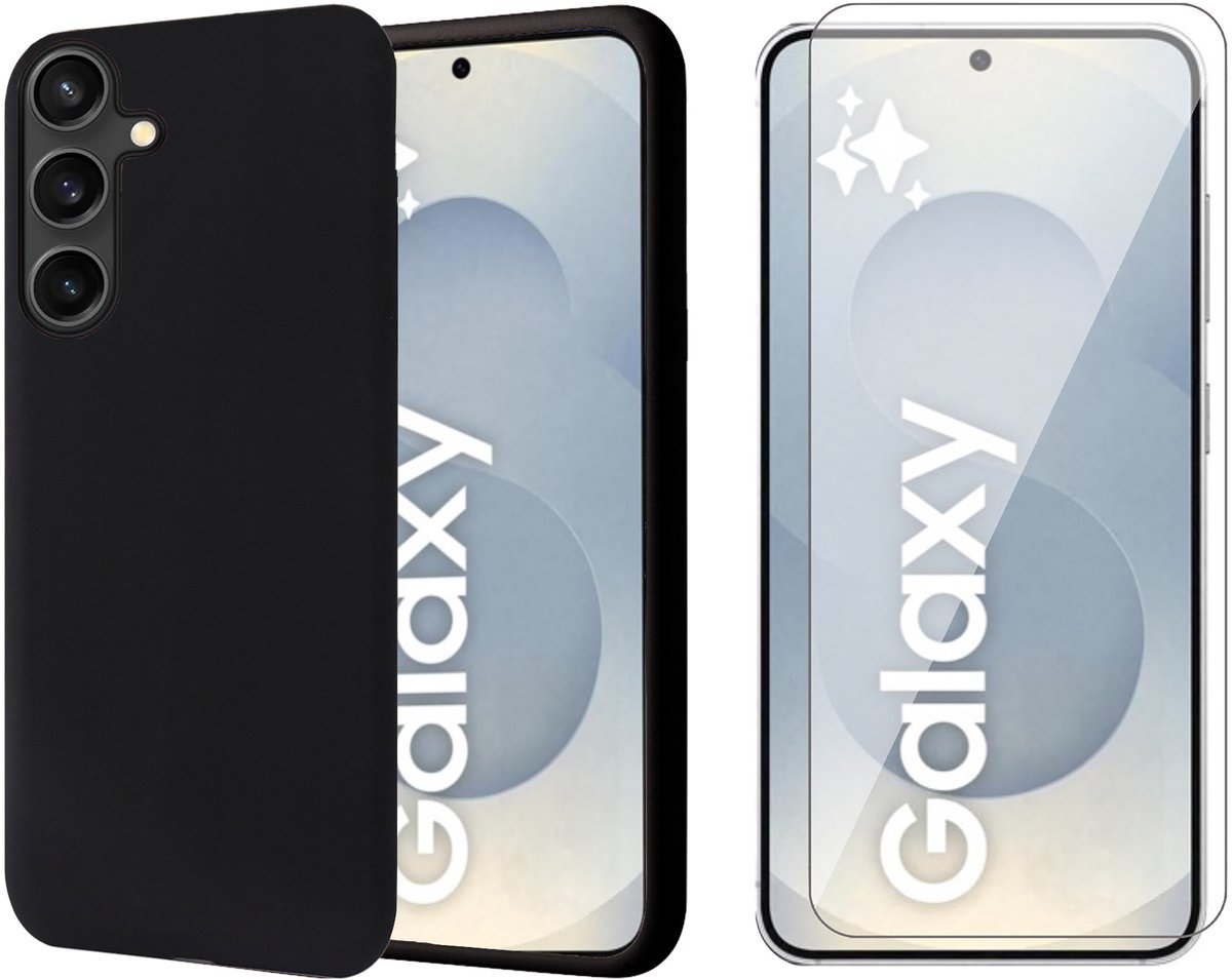 Hoesje geschikt voor Samsung Galaxy S25 Plus - Screenprotector Glas - Mat Back Case Zwart