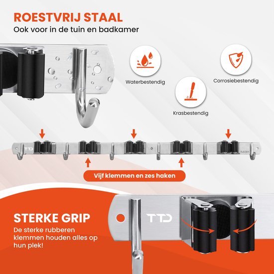 Voolan 2 stuks dweil- en bezemhouder wandhouder - roestvrij staal Heavy Duty Tuingereedschap Organizer, Zelfklevende Garage Organisatie en Opslag Utility Rack (5 Rekken en 4 Haken, Zwart