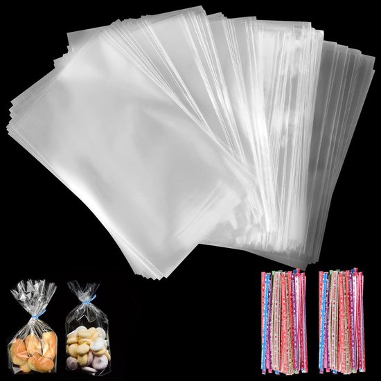 100 stuks transparante cellofaanzakjes voor snoep, cadeauzakjes met 100 kleurrijke stropdassen, snoepzakjes, 15 x 10 cm, kleine cellofaanzakjes, voor snoep, chocolade, brood