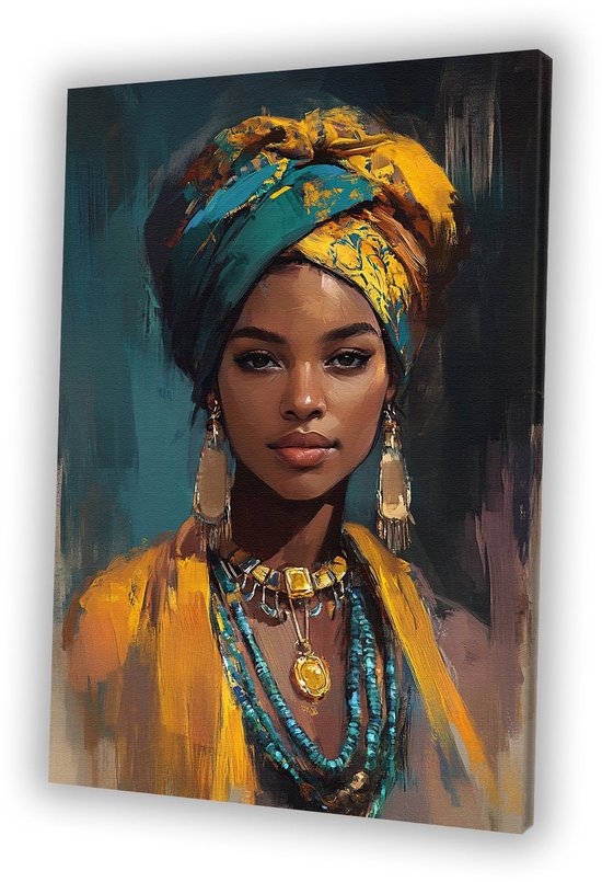 Portret vrouw - Afrikaanse vrouw - Muurdecoratie slaapkamer - Wanddecoratie kantoor - Moderne schilderijen - Woonkamer decoratie - Canvas schilderij 50x70 cm