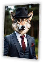 Wolf in pak met hoed - Wolf canvas schilderij - Muurdecoratie canvas dieren - Surrealisme - Vintage schilderij - Woonaccessoires - canvas 40x60 cm