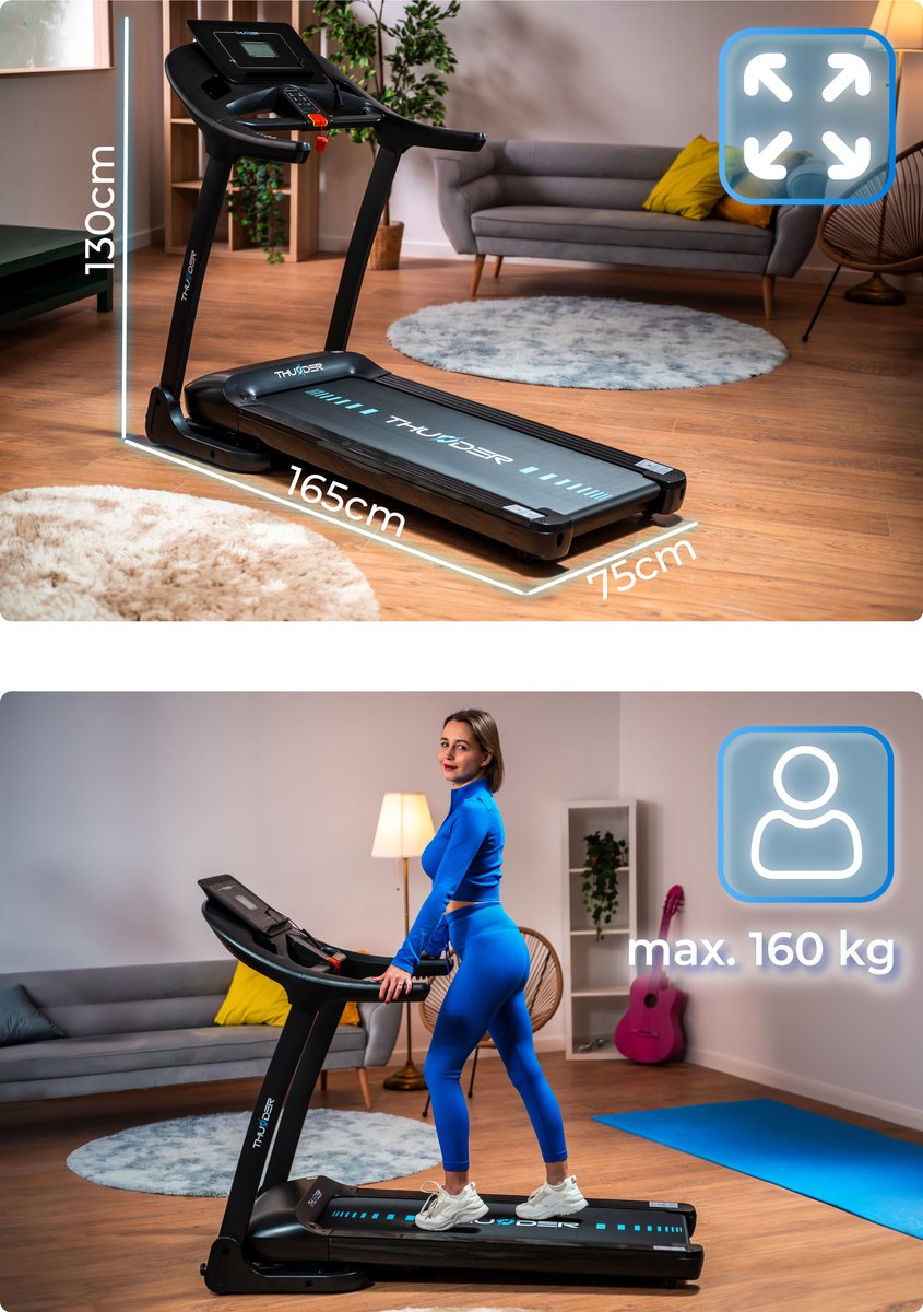 Afbeelding 3 van THUNDER® Loopband | PHENOM-S-BLACK | Opvouwbaar en Krachtig | 18 km/u | Breed Loopvlak 45 cm | Bluetooth | App Compatibel | Luidsprekers | Verstelbare Hellingshoek | Max. 160 kg | Veiligheidssleutel | Transportwielen |