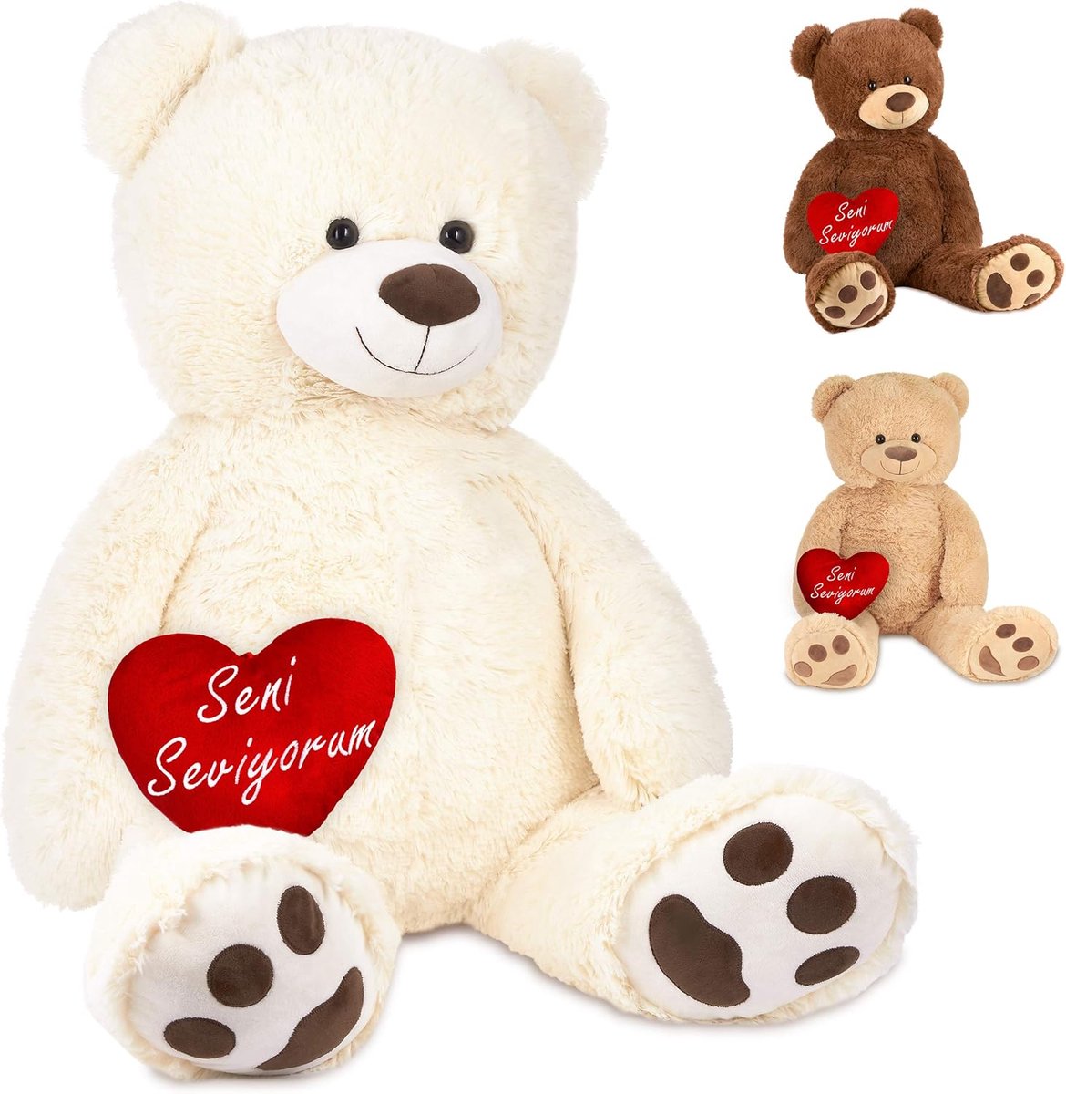 BRUBAKER XXL Teddybeer 100 cm - Zacht Speelgoed Knuffel - Wit Met hart "Seni Seviyorum" - Cadeau - Valentijn